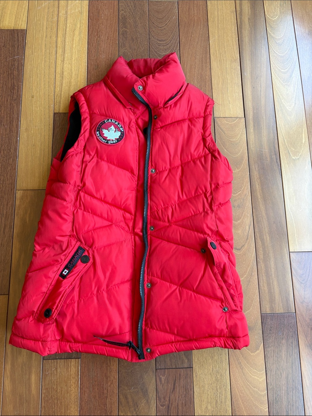 Womens Red Puffer Vest with Patch Detail